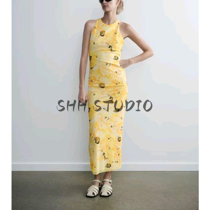 Summer New Product Women's Clothes French Round Neck Sleeveless A- Line Printed Silk Net Long Midi Skirt Dress 5039627