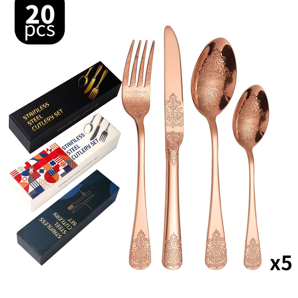 Thickened Pattern Stainless Steel Knife, Fork and Spoon Tableware 430 Double-Headed Pattern Knife, Fork and Spoon 24-Piece Set