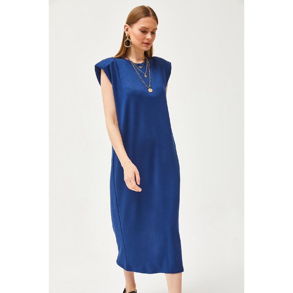 Women's Navy Blue Shoulder Padded Crystal Dress Elb-19002086