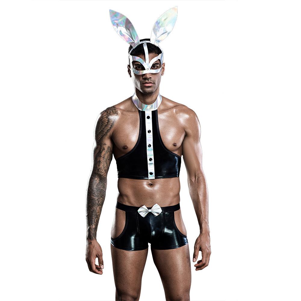 Hot Male Sexy Cosplay Bunny Boy PU Lingerie Costumes Man Night Club Role Play Waiter Uniform Erotic Hormone Rabbit Outfit