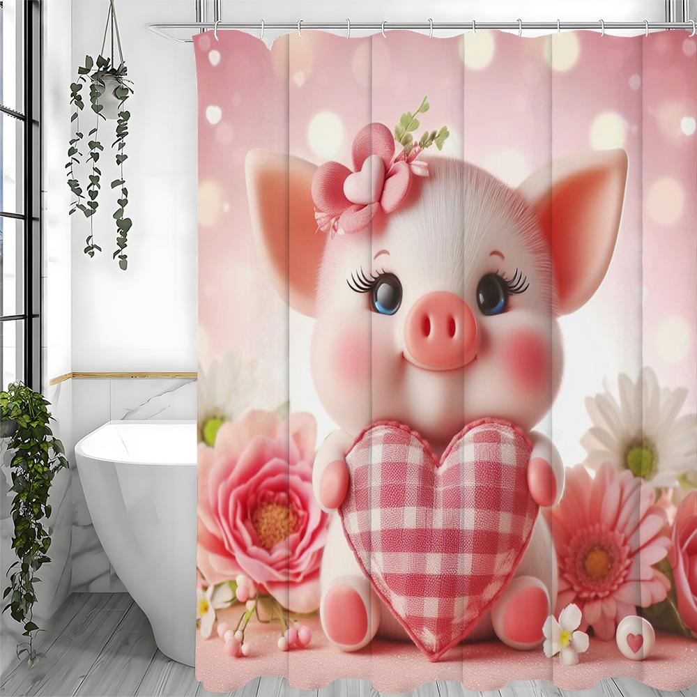 

Розовая Милая Свинка Любовь Сердце Цветочная Шторка для Душа, Декоративная Шторка для Ванной Комнаты, Водонепроницаемая Шторка для Душа с Крючками 90*180cm