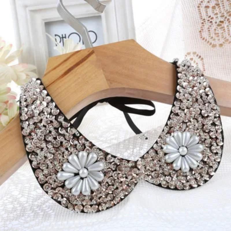 Fashion Wild Retro Beaded Sequins Rhinestones Pearl Lace Collar False Necklace DIY Clothes Shirt Sweater Decoration