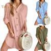Fall Spring Women Dress Shirt Type Single-breasted Split Hem Loose Solid Color Buttons with Cufflink Above Knee Length Mini Dress