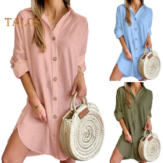 Fall Spring Women Dress Shirt Type Single-breasted Split Hem Loose Solid Color Buttons with Cufflink Above Knee Length Mini Dress