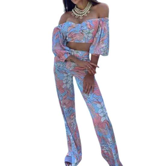 Autumn Crop Top Pants Set Floral Print 