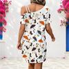 Women Plus Size One Shoulder Strappy Short Sleeve White Printed Loose Dress