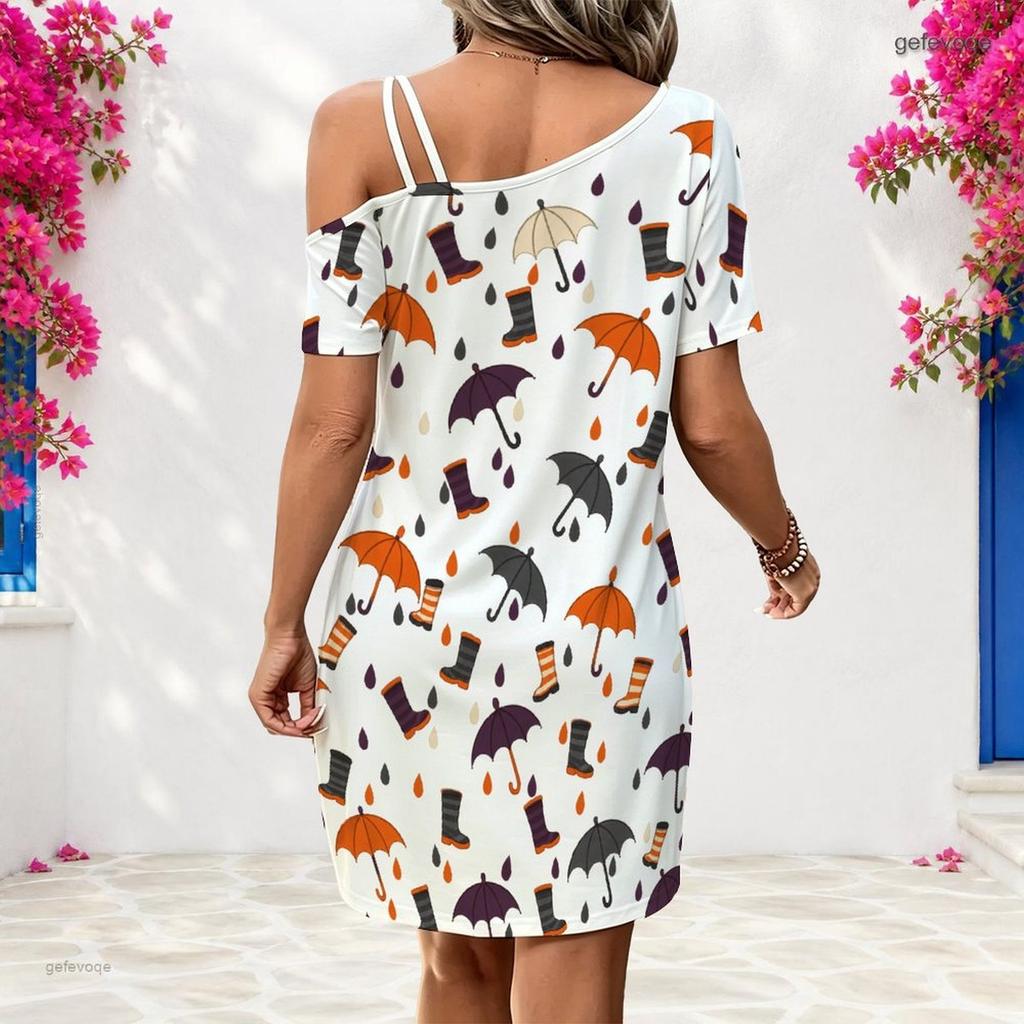 Women Plus Size One Shoulder Strappy Short Sleeve White Printed Loose Dress