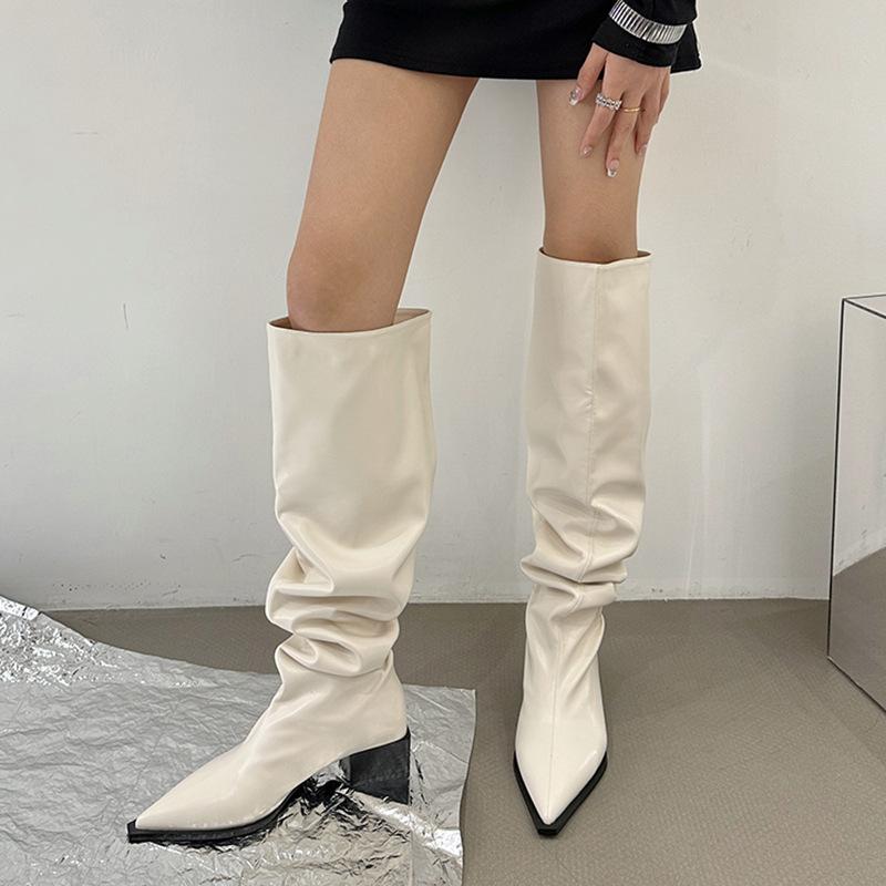 Large tube pleated stacking boots women's 2024 new boots autumn and winter women's boots French pointed boots thick heel boots