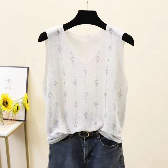 Women's Shiny Silk V-Neck Sleeveless Vest New Spring/Summer Style with Loose Fit and Diamond Accents