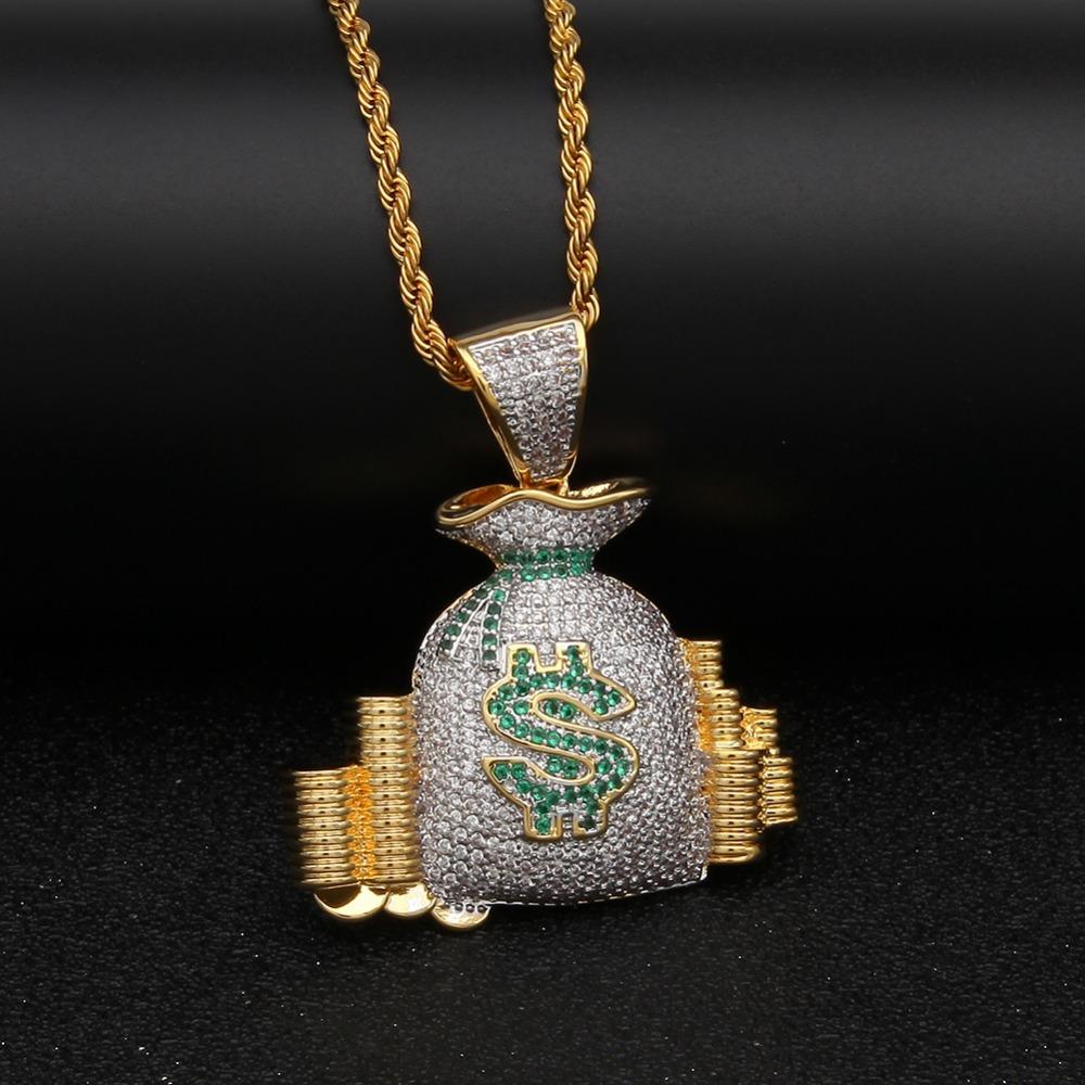 Hip Hop Punk Money Bag Pendant Necklace With Rope Chain Bling Cubic Zircon Necklace Cool Men's Rock Biker Jewelry Gift