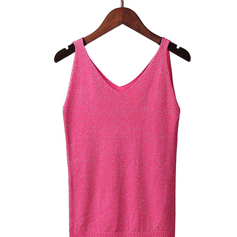 Women Summer Sexy Slim V-Neck Bright Silk Knitted Sleeveless Vest Top T-Shirt Basic Trend