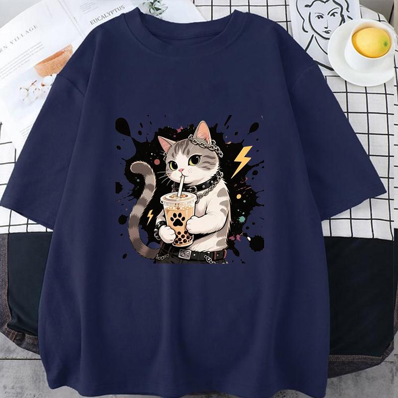 T-shirt Mens Women Summer Drag Cool Kitten Print T-shirt American Student Short-sleeved Top Loose T-shirts