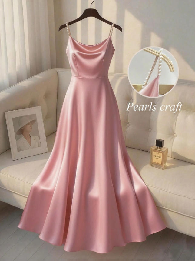 2026 Europäisches und Amerikanisches einfarbiges Temperamentkleid Träger handgefertigt Perlen Taille Satin vergoldetes Kleid