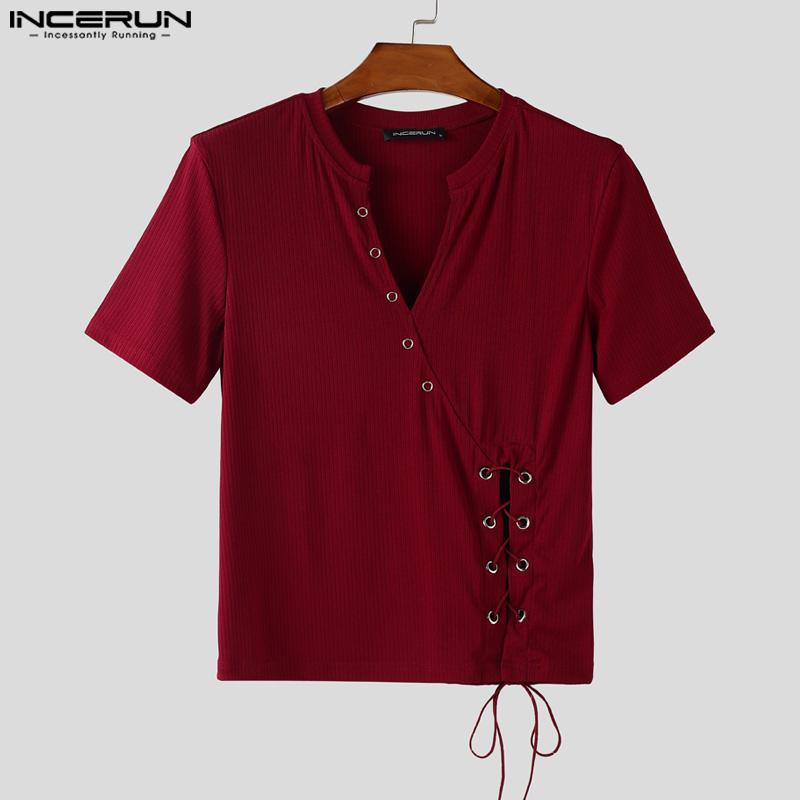 INCERUN Men V Neck Short Sleeve Bandage Rib Casual Fitted Short T-shirts Tops