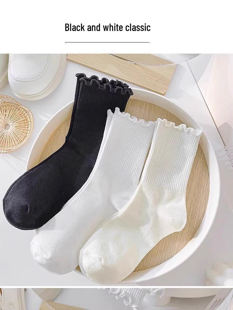 

White Frilly Edge JK Socks: Women s Mid-Calf Lolita Series for Spring/Autumn - 3 Pairs