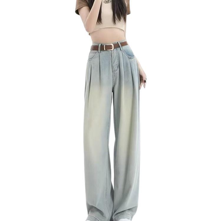 Korean Style High Waist Wide Leg Jeans - Women's Retro Pleated Loose Straight-Leg Pants for Spring & Autumn
