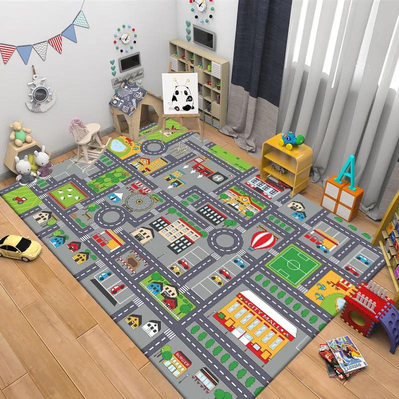 Kids Car Park Theme Crawling Carpets for Living Room Decoration Kids Bedroom Home Decor Sofa Carpet Non Slip Area Rug Floor Mat