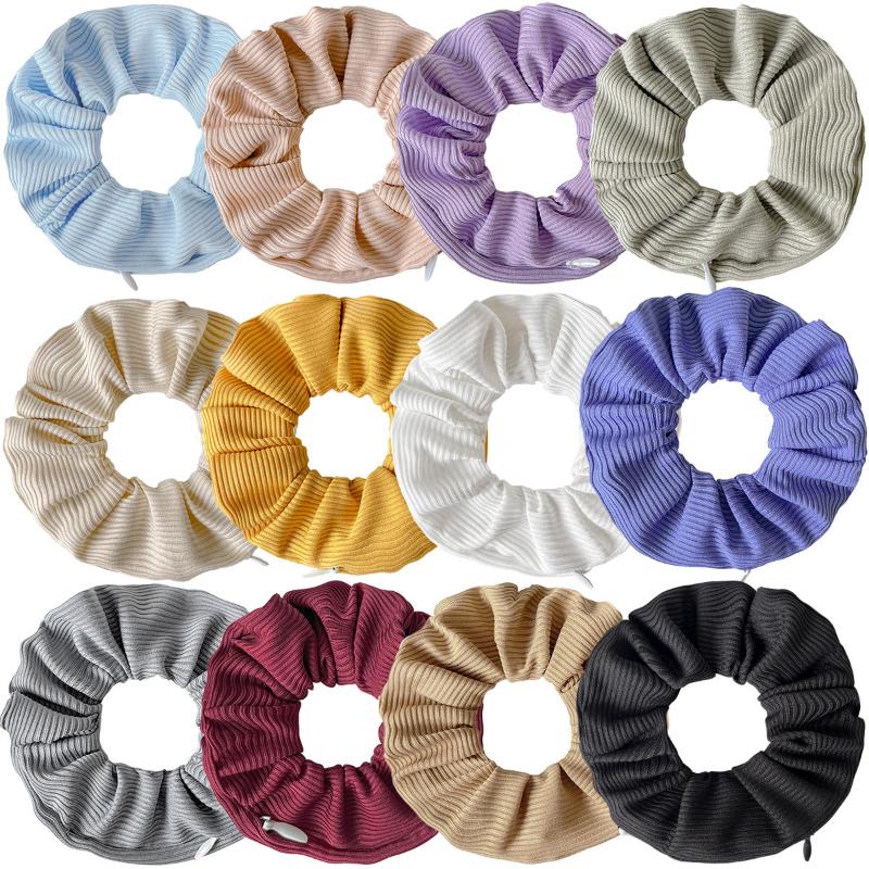 2Pcs Striped Knitted Fabric Solid Color Hair Band Hair Scrunchies With Pocket Zipper For Girls Ponytail Holder Bands
