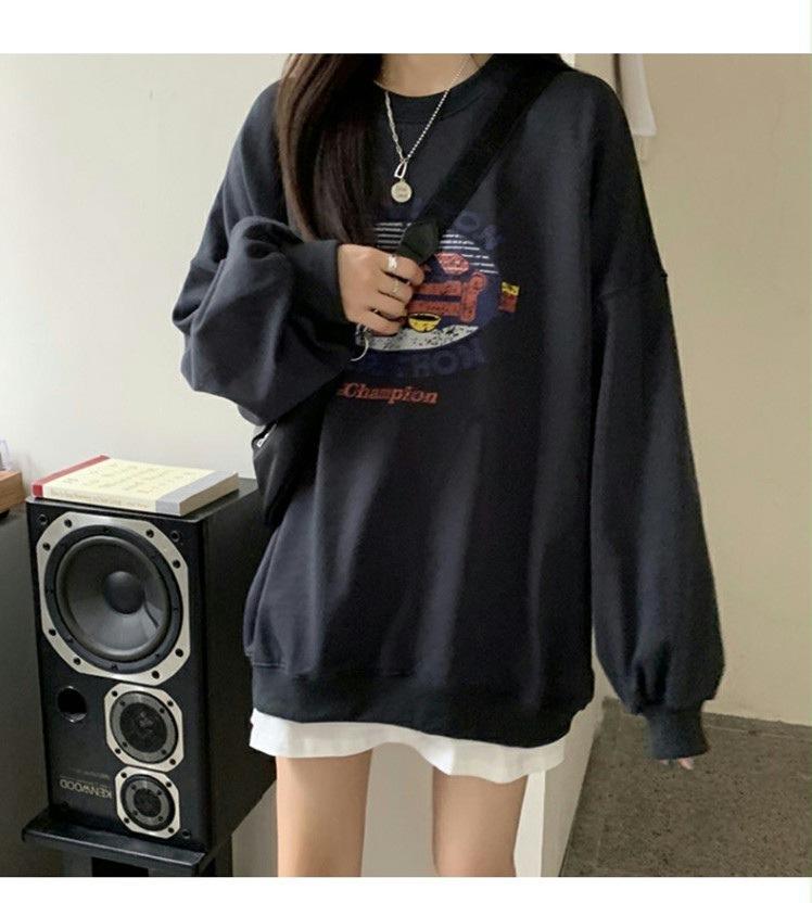 

Женская толстовка с круглым вырезом и ретро-узором для женщин, осенняя студенческая повседневная свободная утолщенная толстовка с капюшоном XXL