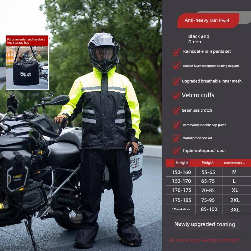 Rainproof Motorcycle Raincoat and Rain Pants Set, Two-Piece, Men'S, Fully Waterproof, Storm-Proof, Windproof, with Shoe Covers