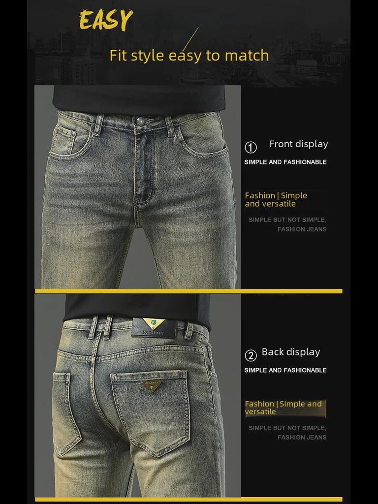 Mosazně zbarvené pánské slim fit retro distressed džíny - Trendy podzimní ležérní skinny kalhoty pro chlapce.