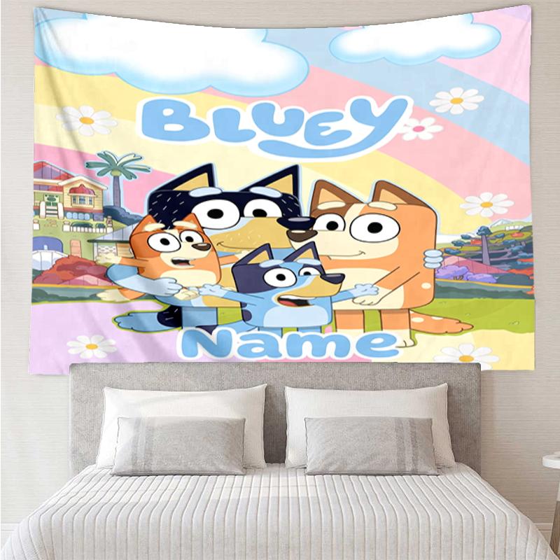 Custom Name Bluey Print Tapestry, Backdrop, Easy Setup, Ideal for Bedroom, Office & Living Room, with Aesthetic Wall Hanging Decor.