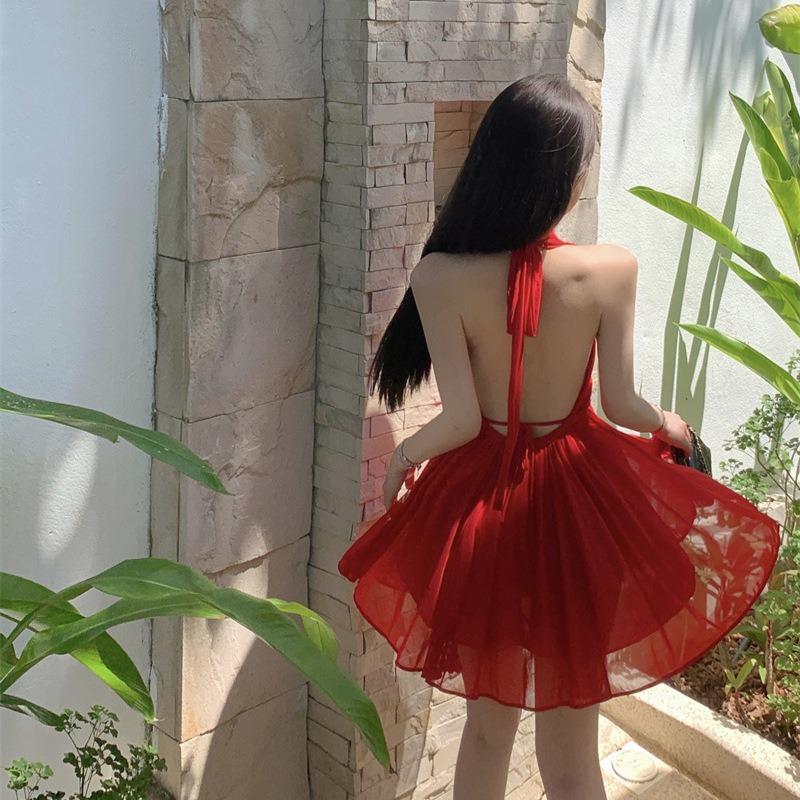 Seaside Vacation Red Halter Neck Dress Women's Summer Dopamine Temperament Beautiful Chiffon Beach Short Skirt
