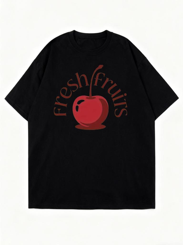 Oversized T Shirt Black Fresh Fruits Cherry Print Graphic Tee Casual Summer Wear