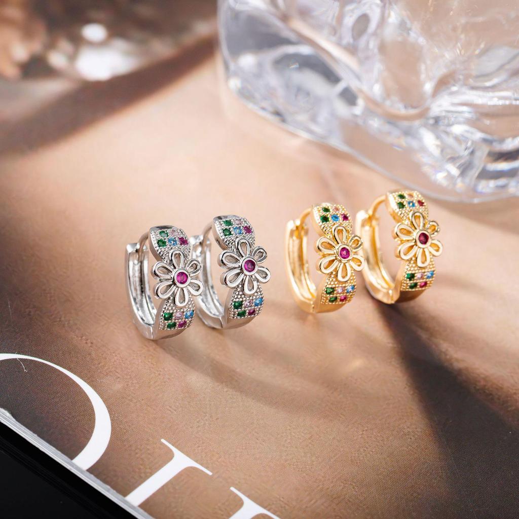 Colorful Zirconia Daisy Stud & Ear Clip Set: Women's Sunflower Earrings