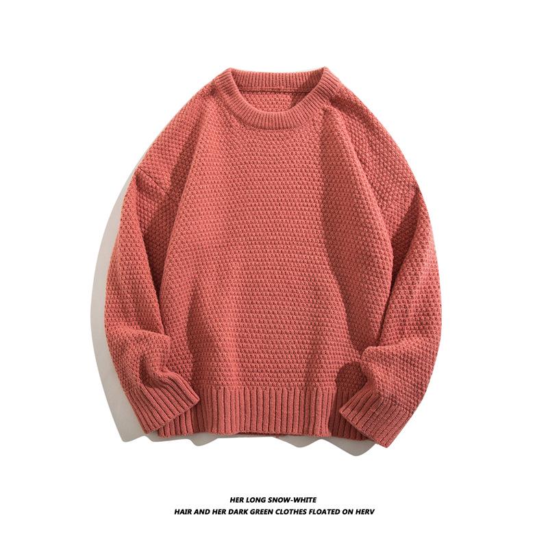Heavyweight Cotton Yarn Pineapple Stitch Knit Casual Loose Round Neck Pullover Sweater