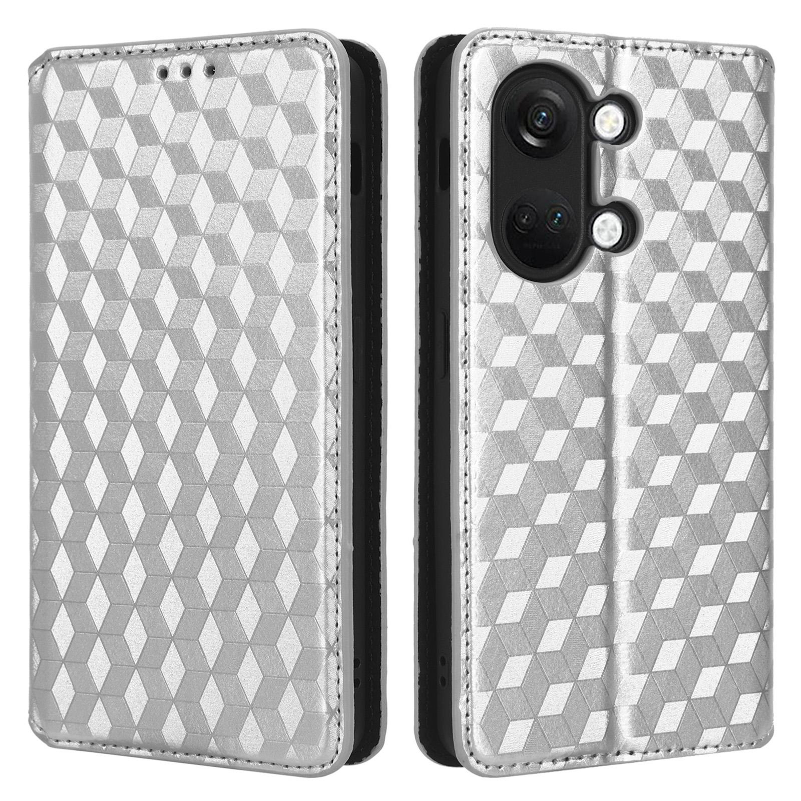 

For OnePlus Nord 3 5G/Ace 2V Imprinted Rhombus Pattern PU Leather Phone Cover Stand Phone Wallet Case Silver