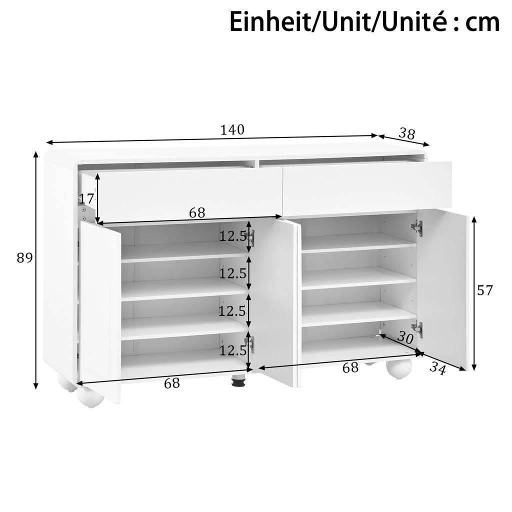 Sideboard Wohnzimmer mit geschwungenen Türen, Moderner Schrank aus Spanplatte und MDF, Runde Metallfüße