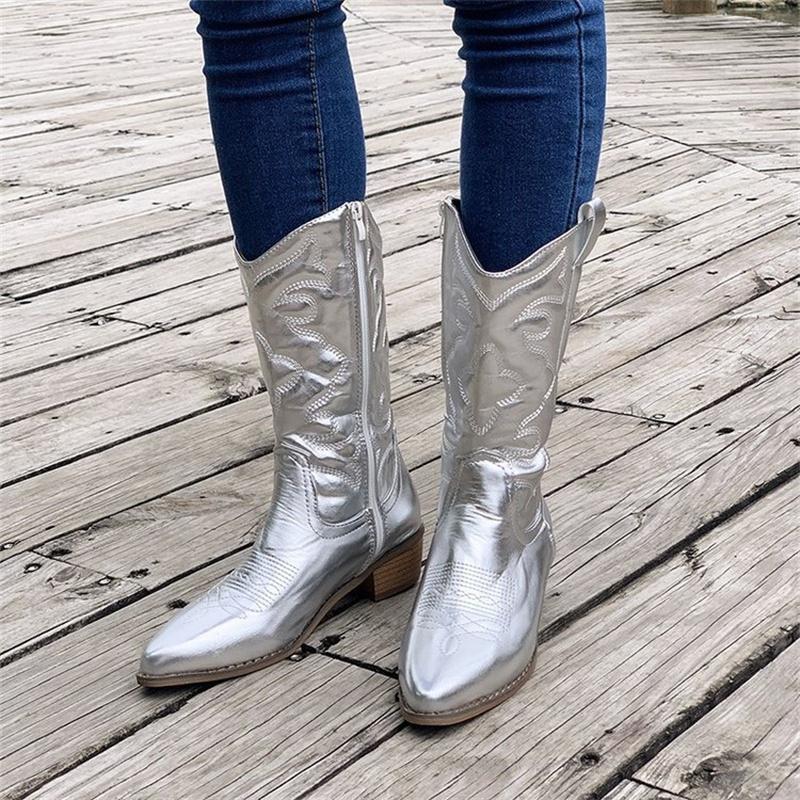 Women Fashion Zipper Knight Boots Ladies Autumn Thick Sole Chunky Heels Retro Boots Pointed Toe Shoes Embroidered Cowboy Booties