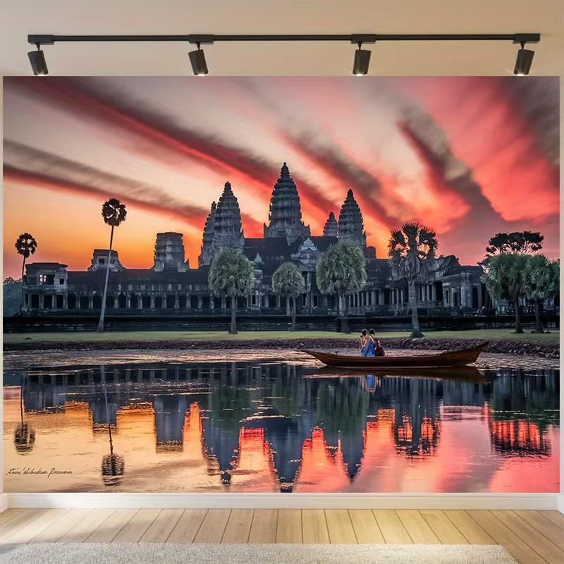 

2D Angkor Wat Sunset Backdrop, Cambodia Ancient Temple Lake Background 47.2x31.5inch/120*80cm