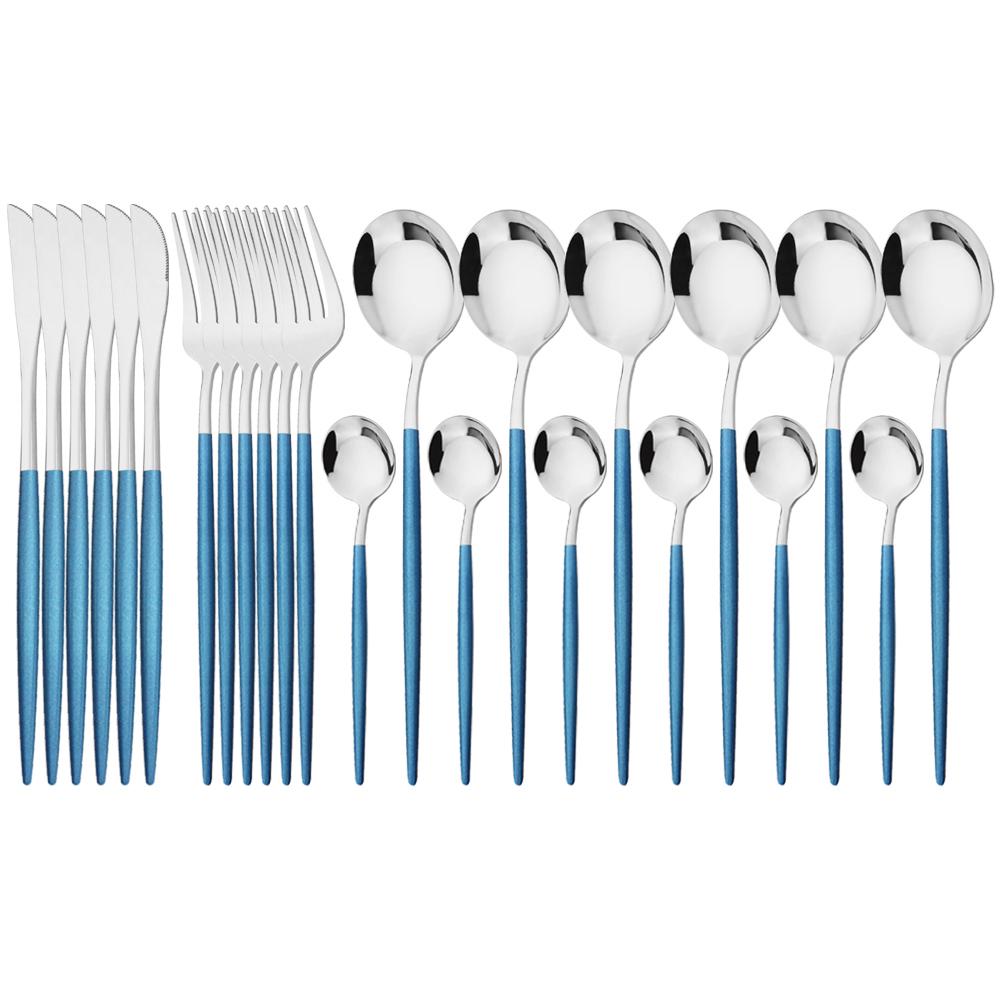 24pcs Blue Silver Dinnerware Set Dinner Knife Fork Tea Spoon Cutlery Set Stainless Steel Tableware Western Home Kitchen Flatware