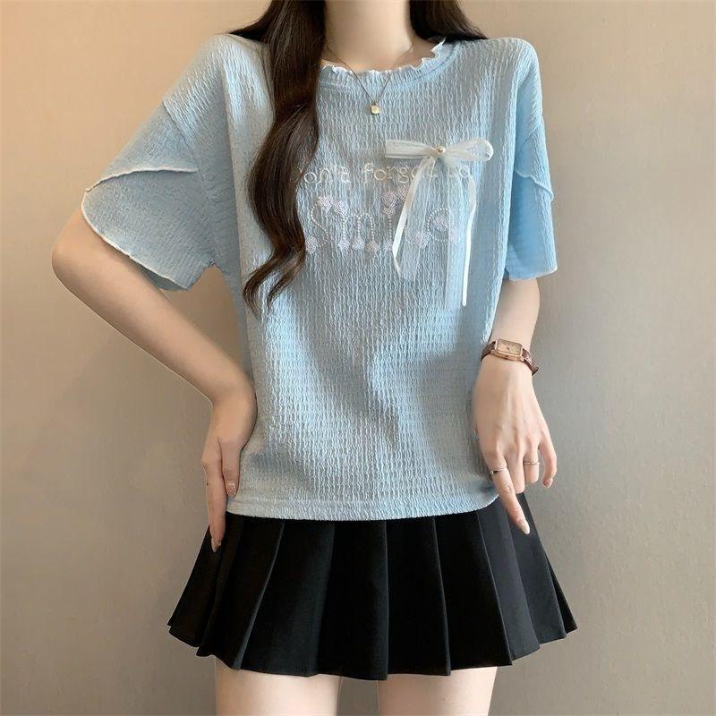 Women's Embroidered T-shirt Ladies Short Sleeved T-shirts with Letter Bow Design Korean Style Loose New Trendy Famale Crew Neck Top