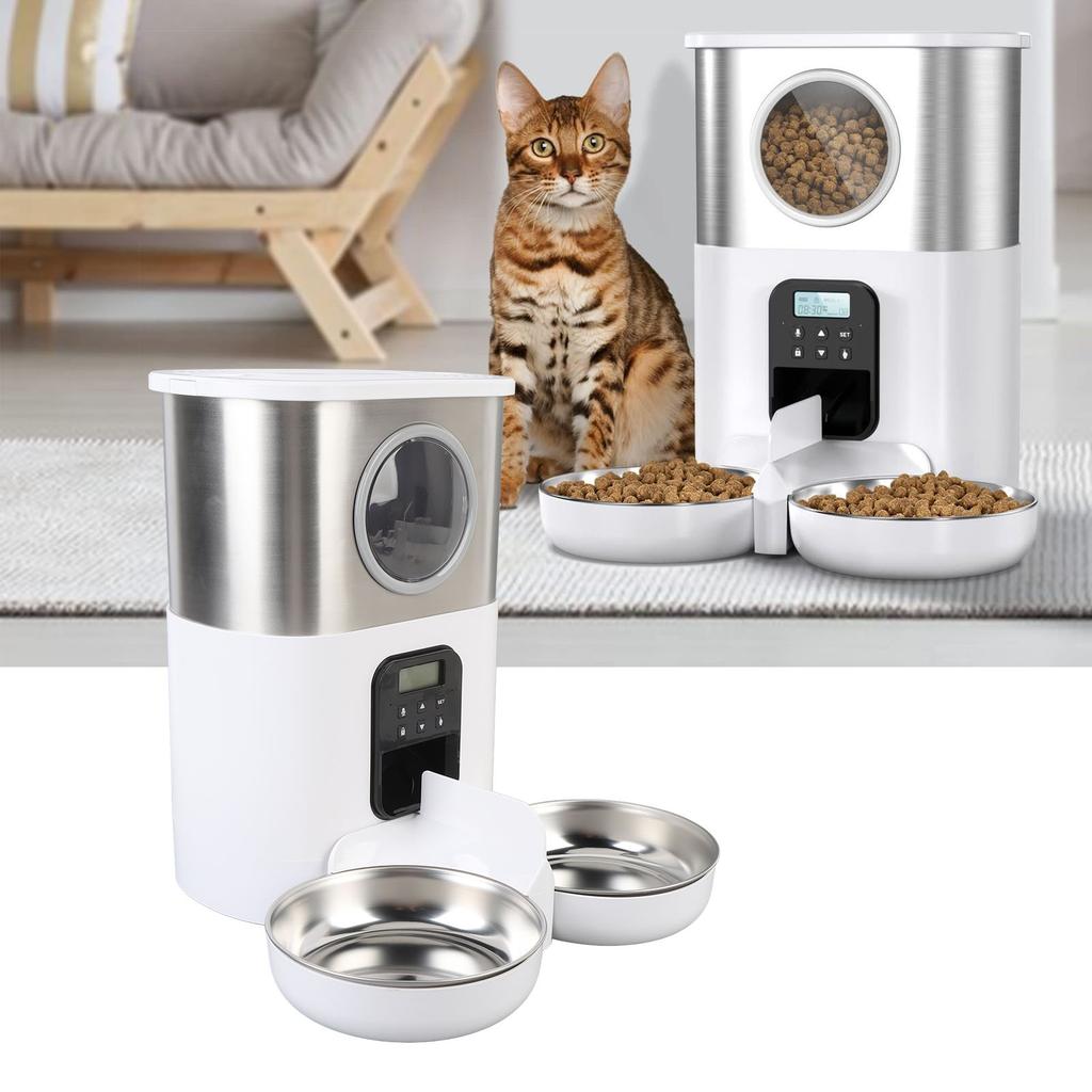 Automatic Cat Feeders for Two Cats 5L Capacity Visable Window Quantitative Feeding Stainless Steel 2 Bowls Timed Pet Food Dispenser
