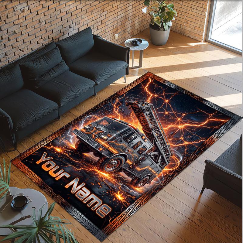 Fire Truck Theme Crystal Velvet Rug Personalized Custom Name Text Soft Floor Mat Home Decor
