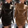 Turtleneck Long Sleeve Hip Wrap Pleated Bodycon Dress Autumn Faux Leather High