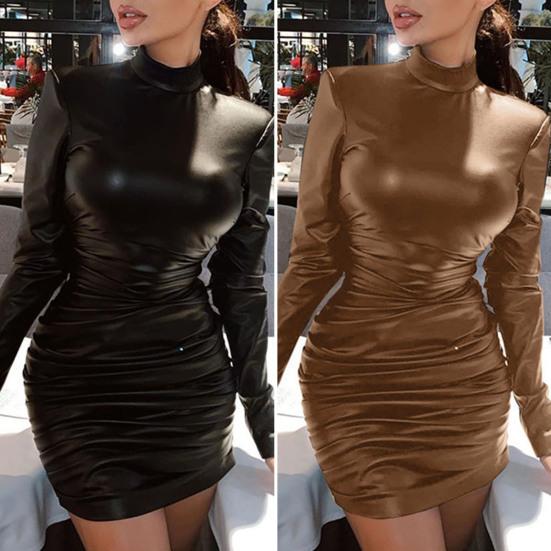 Turtleneck Long Sleeve Hip Wrap Pleated Bodycon Dress Autumn Faux Leather High