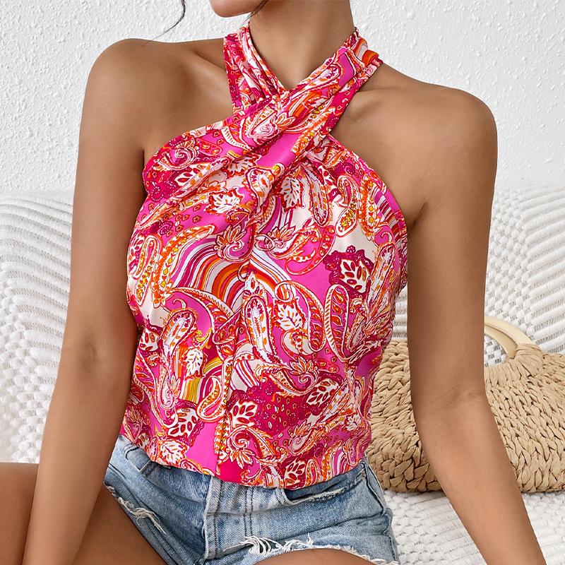 

Women s Satin Sleeveless Vest Summer Flower Printed Halter Top Off-the-shoulder Sexy T-shirt Vacation Style Women s Casual Shirt S