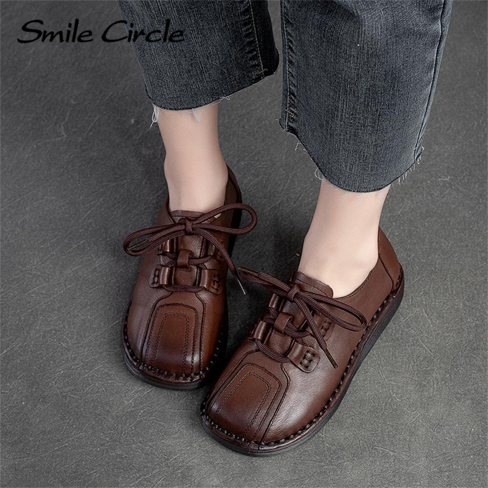 Natural Leather Women's Flat Shoes Lace-up Round Toe Casual Shoes Fashion Retro Work Shoes
