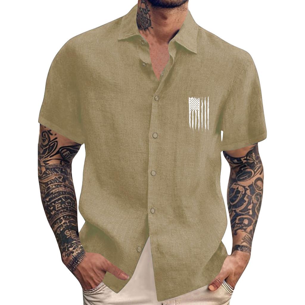 Men'S Casual Loose Short Sleeved Printed Shirt With Fashionable Lapel Top