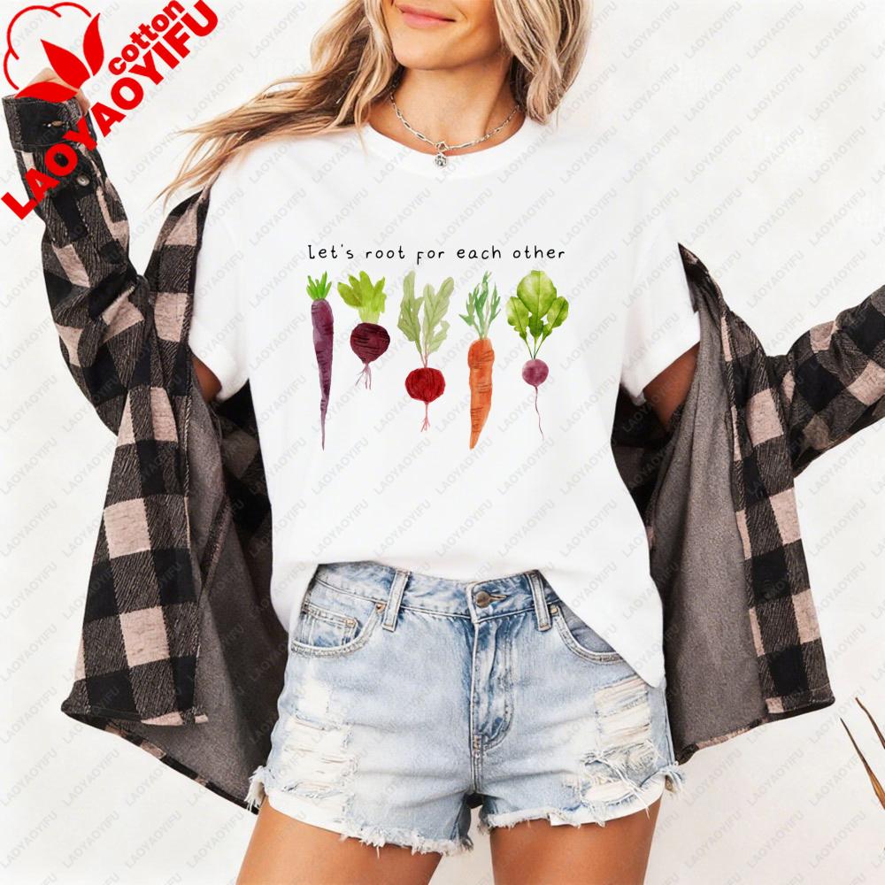 Root Vegetables Lets Root for Each Other Women TShirt Cotton Short Sleeve Vegetables Club Casual Fashion Summer Tops
