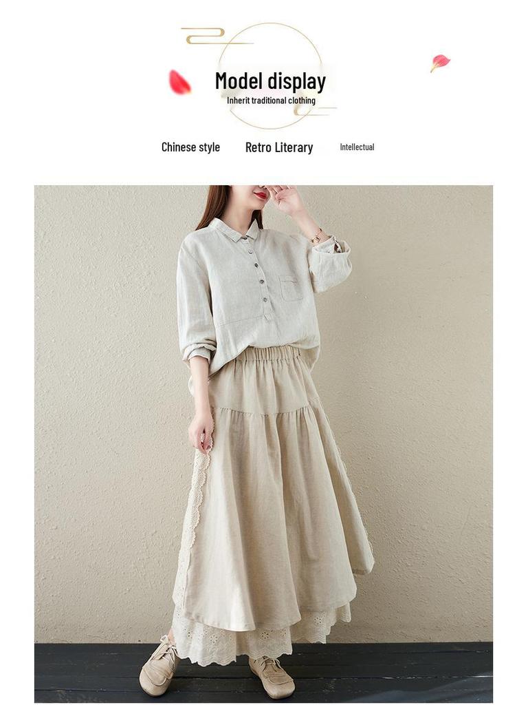 Japanese Mori Girl Linen Half Skirt: Women's Elastic Waist, Heavy Embroidery, Mid-Length A-Line Design.