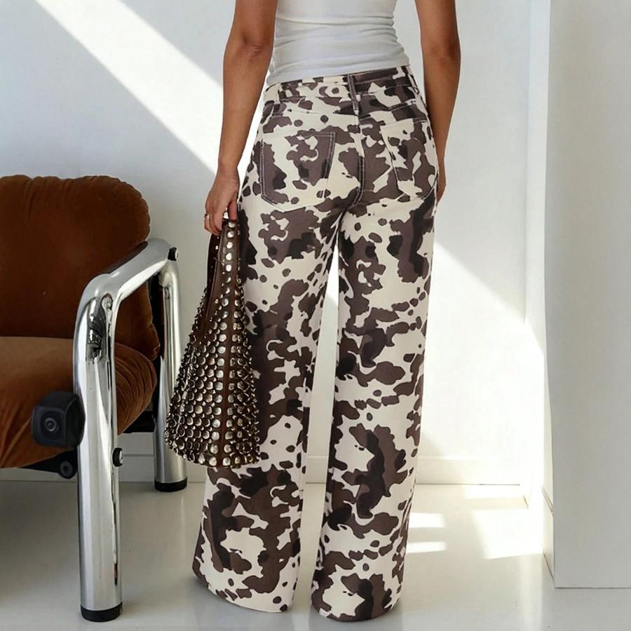 Cow Print Floral Jeans Women's Y2K Streetwear Distressed Straight Leg Loose Long Pants