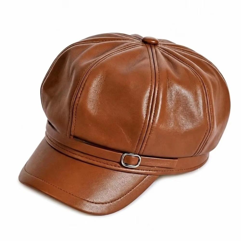 Solid Color Leather Painter Hat Versatile Octagonal hat Casual PU Beret Cap  Autumn Winter