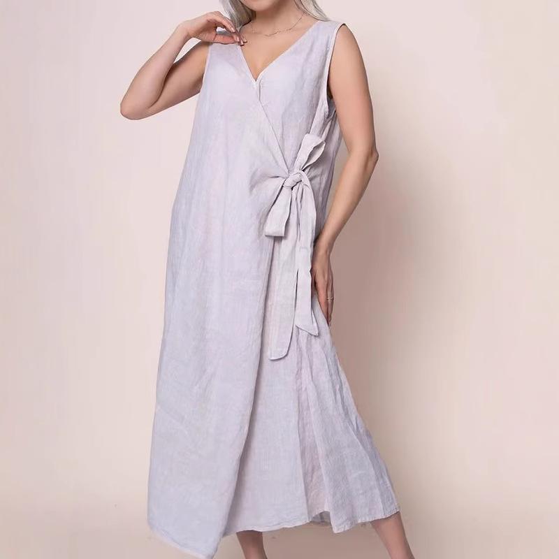 New Solid-color V-neck Side-tied Sleeveless Long Dress for Women