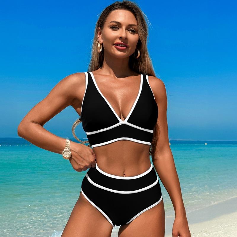 Black Two Piece Bikini Set with White Straps, High Waisted Deep V Swimsuit