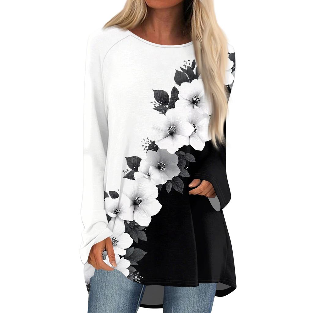 Women's Fashion Casual Long Sleeve Print Round Neck Pullover Top Blouse